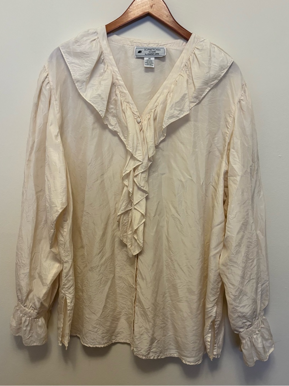 Sophisticates Jonathan Martin Silk Blouse Womens Beige Long Sleeve Ruffle 2X Vtg